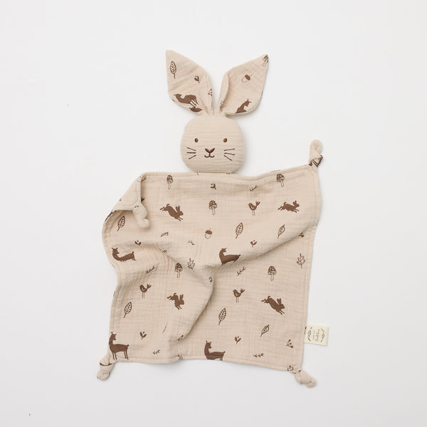 Organic Muslin Bunny Lovey with Woodlands print Over the Dandelions