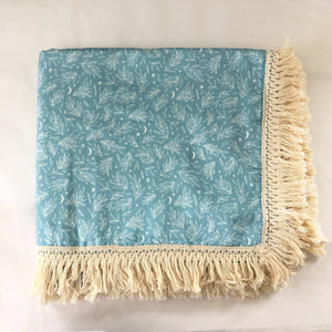 Organic Muslin Blanket with Tassel Fringe Leaves/Moon print