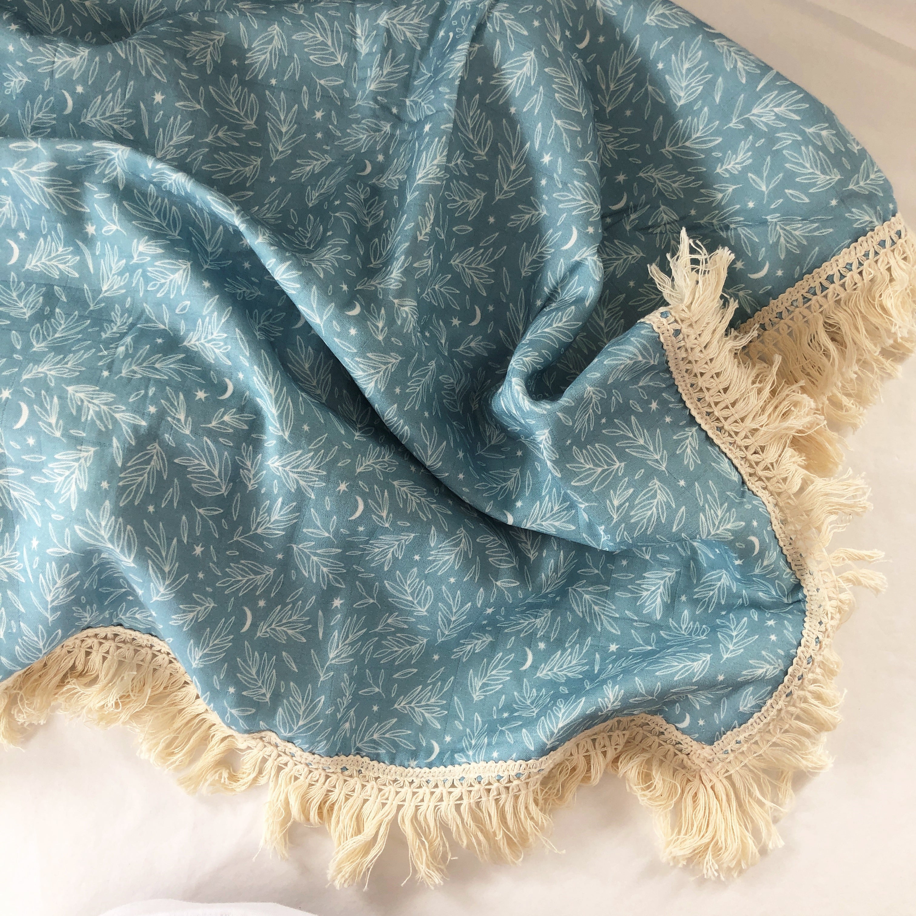 Organic Muslin Blanket with Tassel Fringe Leaves/Moon print Over the