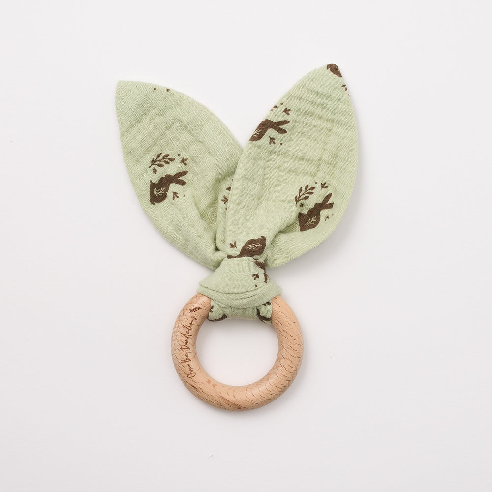 Organic Cotton Muslin Bunny Ears Teether for Baby Natural Beechwood