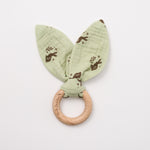 Organic Cotton Muslin Bunny Ears Teether for Baby Natural Beechwood