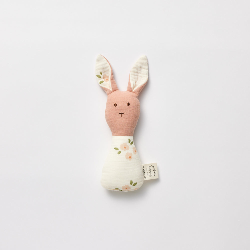 Organic Muslin Bunny Rattle Daisy + Pink