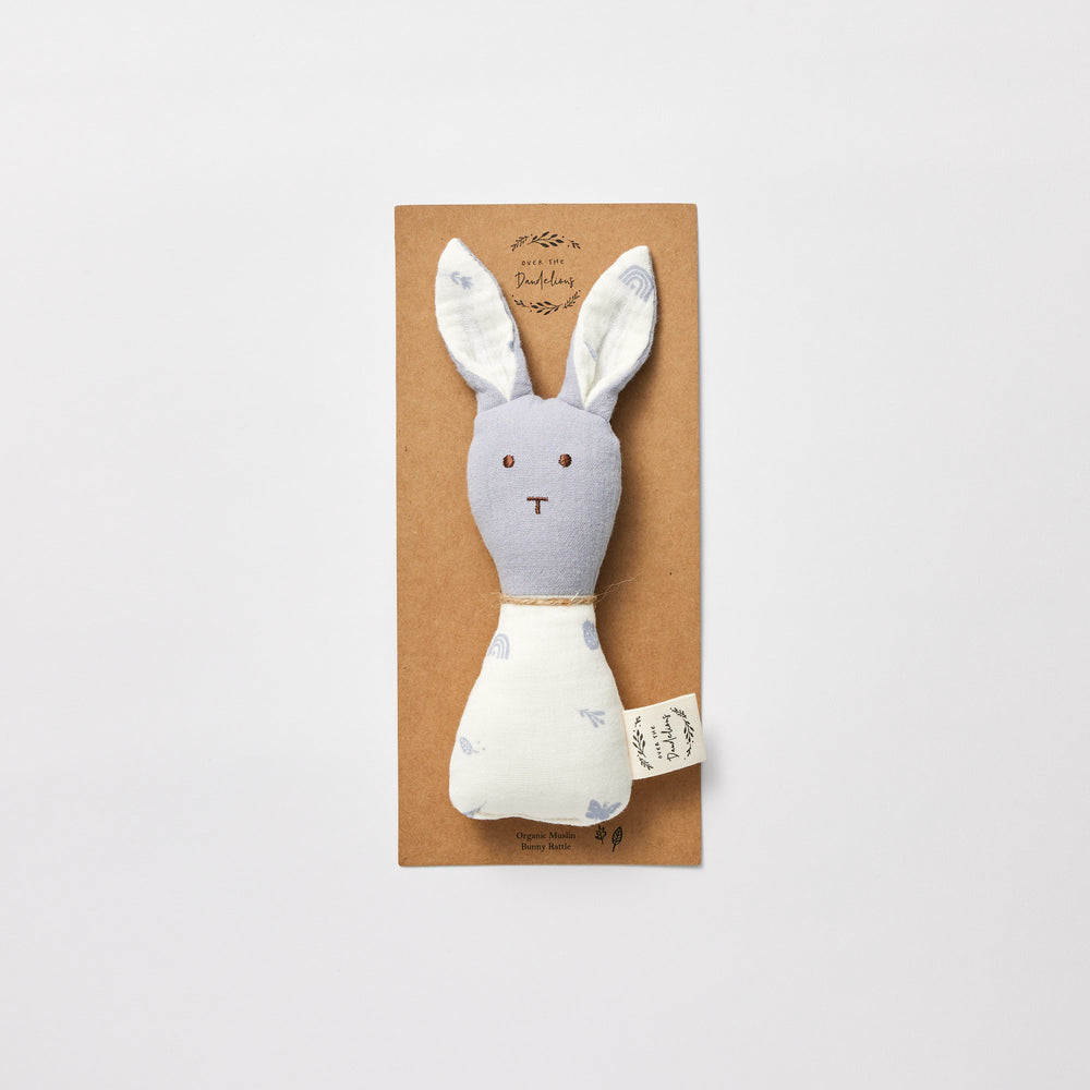 Organic Muslin Bunny Rattle Enchanted Garden + Frost Blue