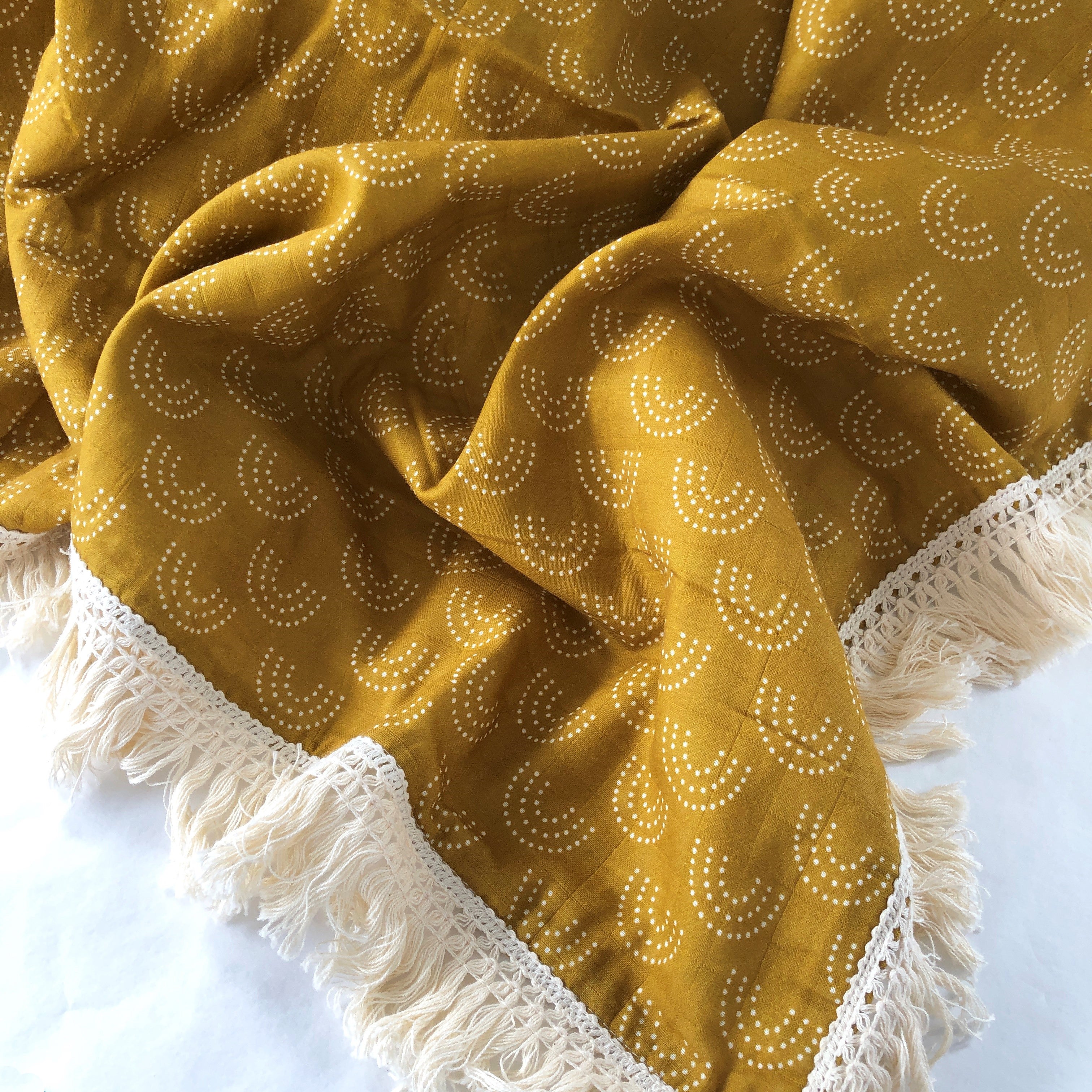 Organic Muslin Blanket with Tassel Fringe Rainbows Over the Dandelions