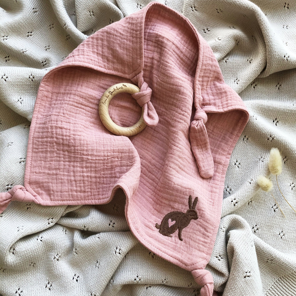 Embroidered baby comforter lovey with wooden teether pink