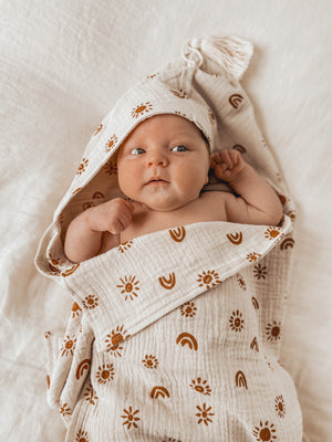 Hooded Towel with Tassel - Sunny Print Sand/Amber