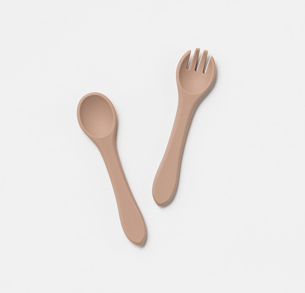 Silicone Cutlery Fork and Spoon set for baby toddler Almond