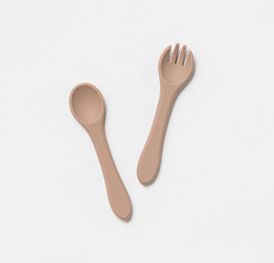 Silicone Cutlery Fork and Spoon set for baby toddler Almond