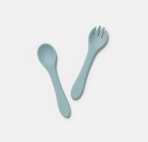 Silicone cutlery fork and spoon set for baby toddler blue 