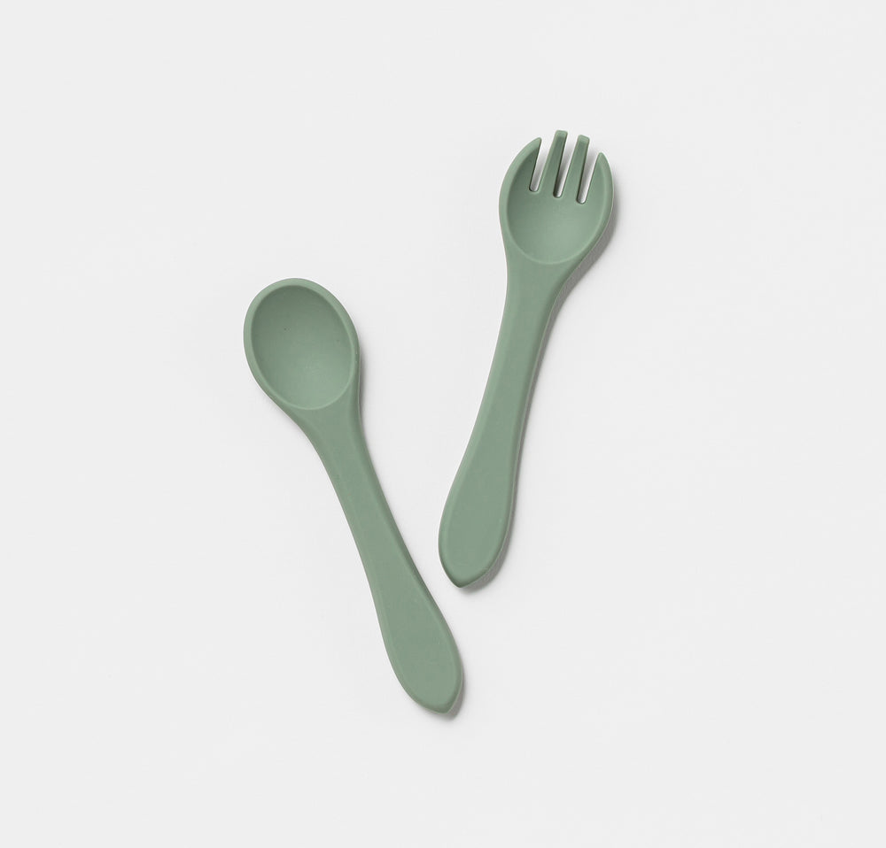 Silicone Cutlery Fork and Spoon set for baby toddler green