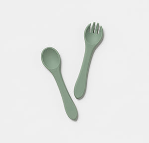 Silicone Cutlery Fork and Spoon set for baby toddler green