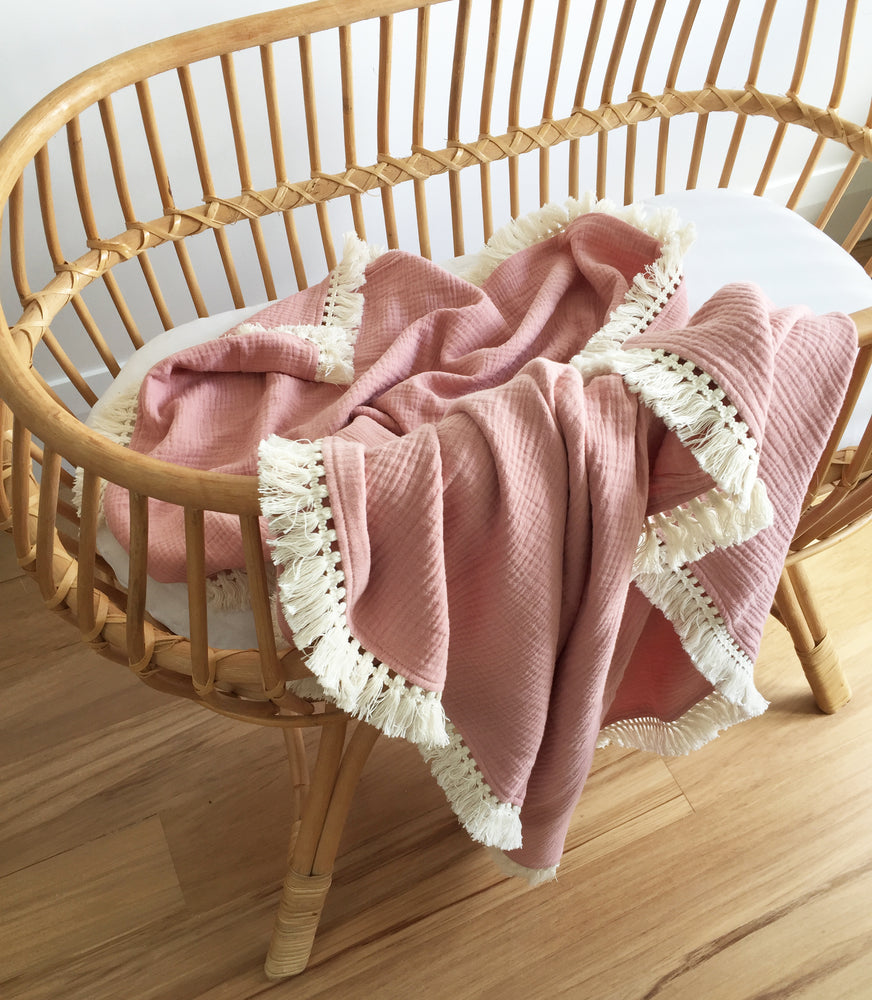 Organic Muslin Blanket with Boho Tassel Fringe Shell Pink