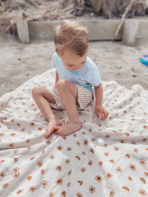 Organic Muslin Blanket with Boho Tassel Fringe Sunny Sand/Amber